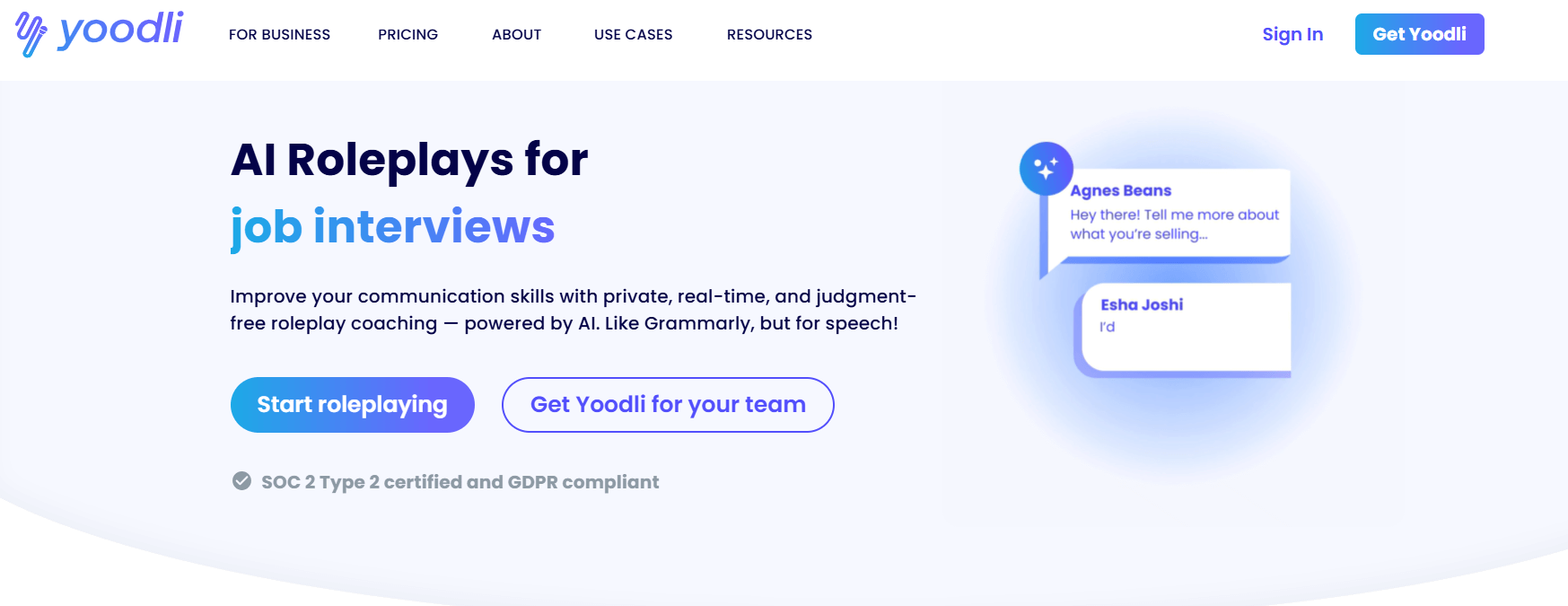 The home page of the Yoodli AI website.