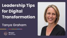 Tanya Graham, Group Executive of Digital and Transformation at iCare, smiling in a professional portrait. Text overlay reads: "Leadership Tips for Digital Transformation – Tanya Graham